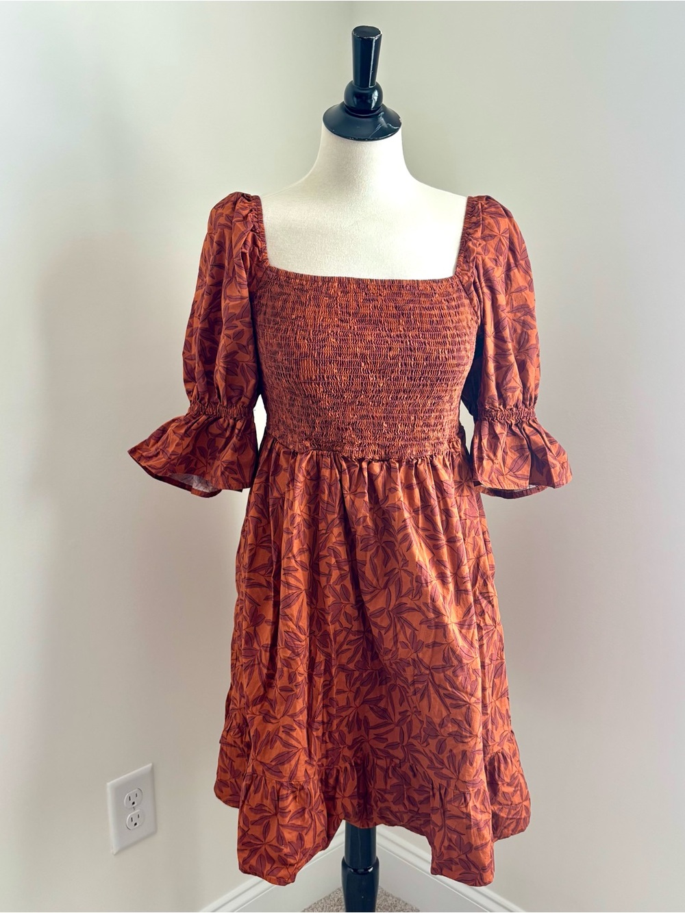 Eloquii Elements Size 16 Smocked Dress Puff Sleeve Square Neck Rust Fall Color